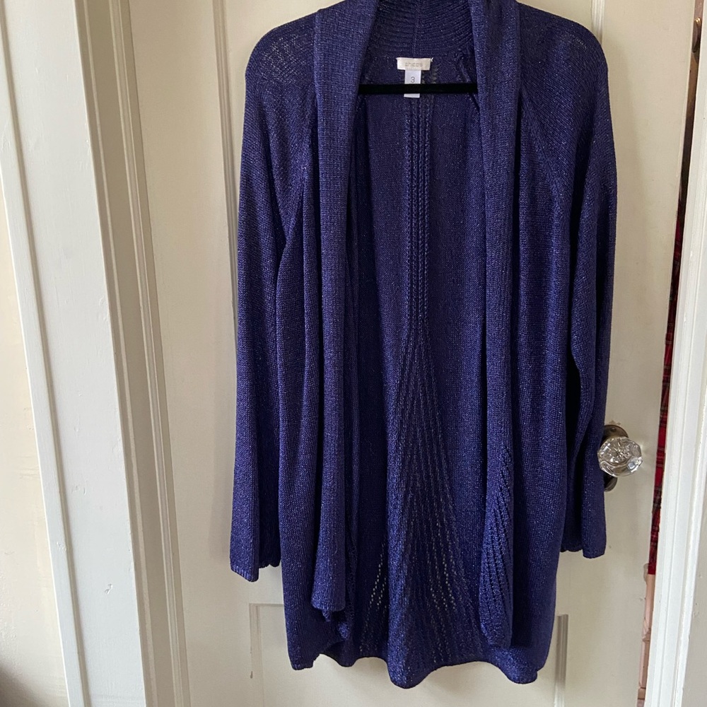 Chico's Shimmering Open Front Metallic Sapphire Knit Long Slinky Duster Cardigan